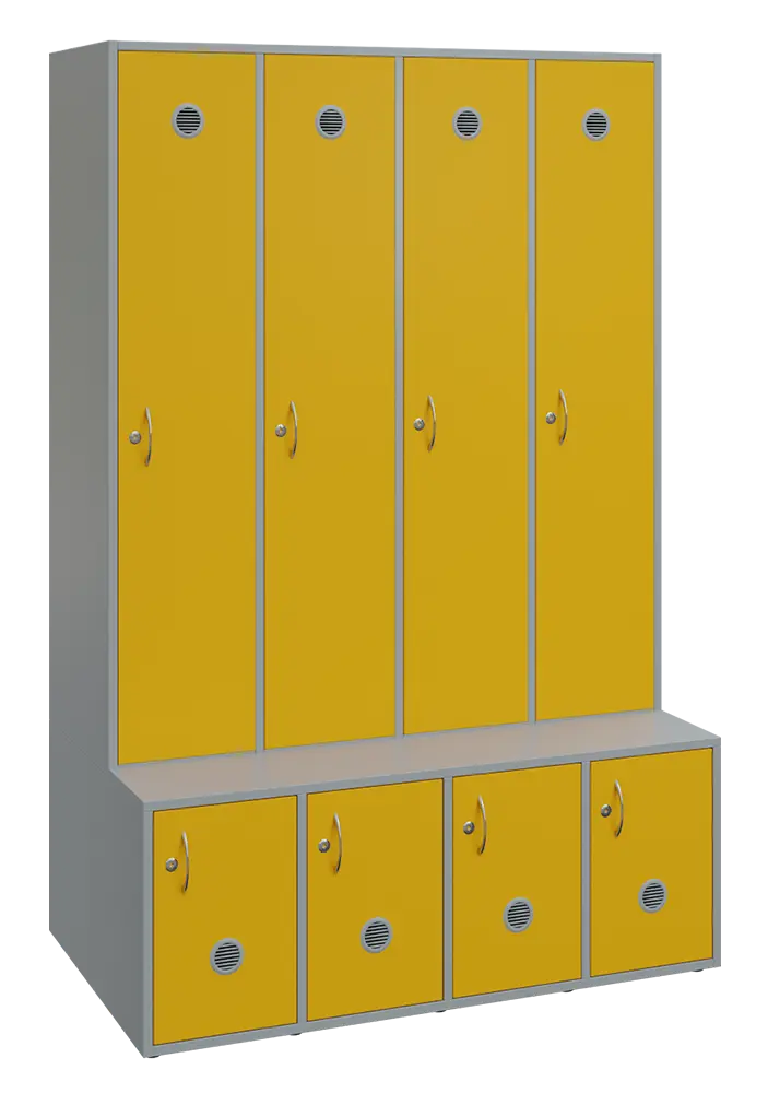 SSB - 180 - 120 šatní skříň s botníkem, 4-dvéřová, 1800x1200x400/600 mm, korpus šedý, dvířka žlutá odio